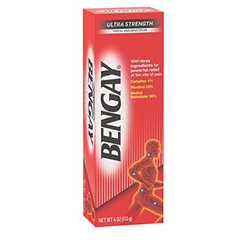 BENGAY ULTRA STRENGTH TOPICAL PAIN RELIEF CREAM, NON-GREASY TOPICAL ANALGESIC FOR MINOR ARTHRITIS, MUSCLE, JOINT AND BACK PAIN, CAMPHOR, MENTHOL AND METHYL SALICYLATE, 4 OZ