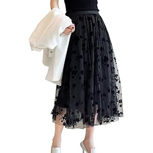 Women Tulle Skirt Elastic High Waist Ankle-lengthTutu Skirts Floral 3 Layered Mesh Midi Skirt