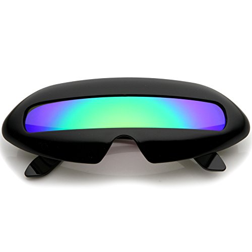 Futuristic Cyclops Neon Shield Color Mirror Lens Wrap Sunglasses (Black Midnight)