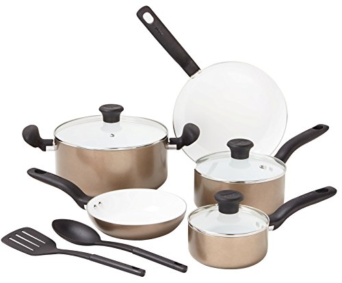 Click Here to See More Images T-fal C714SA Initiatives Nonstick Ceramic Coating PTFE PFOA and Cadmium Free Scratch Resistant Dishwasher Safe Oven Safe Cookware Set, 10-Piece, Gold