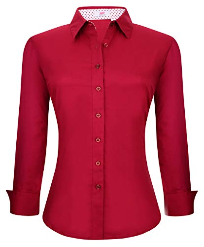 Esabel.C Womens Button Down Shirts Long Sleeve Regular Fit Cotton Stretch Work Blouse Burgundy L