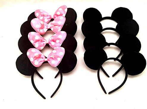 Mickey Mouse Ears Solid Black and Pink Bow Minnie Headband for Boys and Girls Birthday Party or Celebrations (Pack of 8)