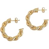 Gold Tone Hoop Earrings for Women, 18k Yellow Gold Filled (1" Classic Chunky Twist)