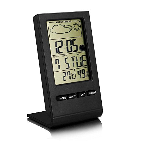 KOBWA Digital LCD Humidity Hygrometer Thermo Gauge Monitor with Alarm Clock/ Calendar/ Weather Forecast/ Moon Phase