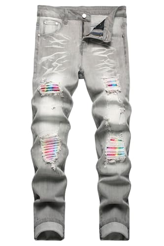 Baylvn Men's Designer Straight Slim Fit Patchwork Jeans Comfort Skinny Biker Denim Pants