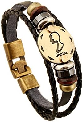 Xiafen Jewelry Men Women's Horoscope Zodiac Bracelet Bead Alloy Leather Constellation Bracelet (Gemini)