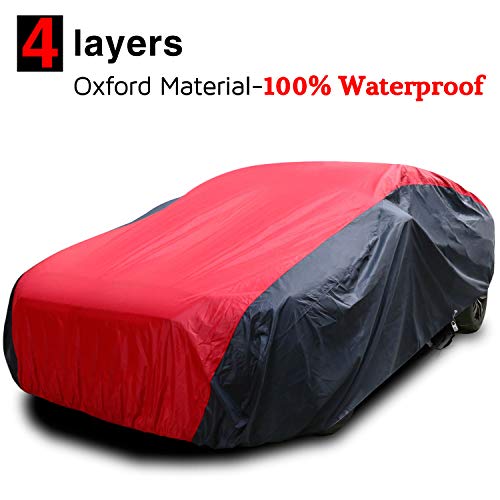 Waterproof Car Covers, 4 Layers 420D Oxford Fabric Sedan Car Cover with Soft Cotton Lining, Outdoor Heavy Duty Universal Full Size Vehicle Covers for Automobiles, Fits up to 199"