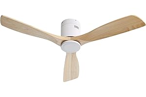 CACI Mall 52 Inch Low Profile Ceiling Fan No Light Wood Fan Blades Flush Mount Ceiling Fan Noiseless Reversible DC Motor Remote Control Without Light (White)