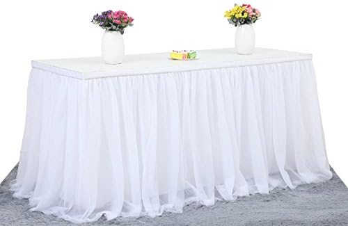 3 Yards Handmade Gold Brim Top 3 Layers Fluffy Tulle Tutu Table Skirt Mesh Tableware For Party Wedding Birthday Home Decoration (3yd Lx30in H, White)