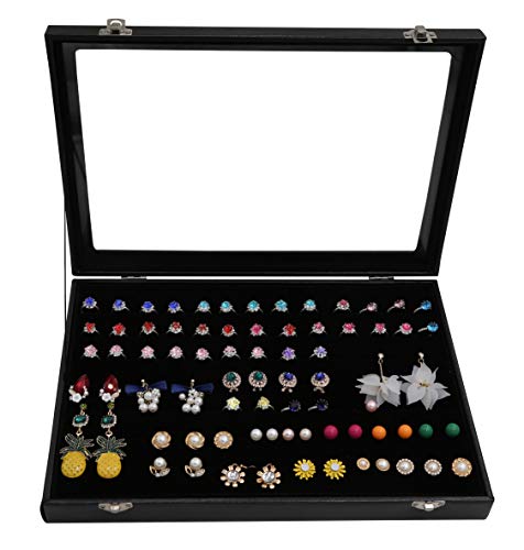 Wudygirl 7 Slots Velvet Ring Organizer Jewelry Box Storage Case Stackable Glass Top Lid Lock, Black (Rings Boxes)