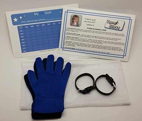 Stop Thumb Sucking with Thumb Glove - Full Glove Pair with Belts Plus - Free Reward Chart and Laundry Bag (Blue, XLarge)