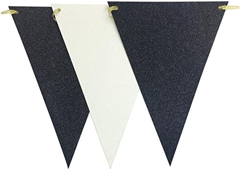 Ovee Lando 15 Feet Vintage Style Triangle Flag Bunting Banner for Wedding Birthday Baby Shower Home Teepee Decor, Double Sided Glitter Black White 15 Flags