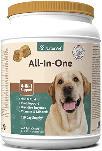 NaturVet All-in-One Dog Supplement – for Joint Support, Digestion, Skin, Coat Care – Dog Vitamins, Minerals, Omega-3, 6, 9 – Wheat-Free Supplements for Dogs – 240 Soft Chews