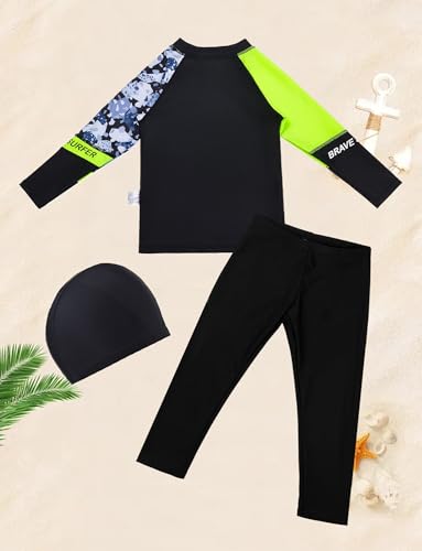 SEAUR Boys Swimsuits 3 Piece Long Sleeve Rash Guard Swimsuit Set Swimwear Bathing Suit Quick Dry Sun Protective Bathing Set for Kids Training Beach