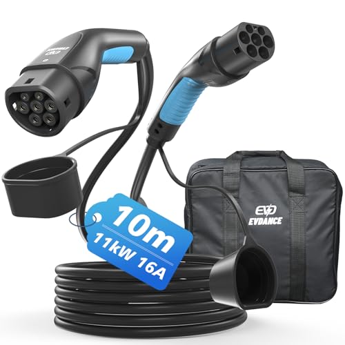EVDANCE Type 2 Charging Cable, 11 kW / 16 A / 3-Phase / 10 m / Mode 3, Electric Car Type 2 to Type 2 EV Charging Cable for EV/PHEV, with Carry Bag