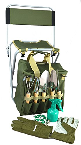 10-piece Gardening Tool Set with Zippered Detachable Tote and Folding Stool Seat with Backrest