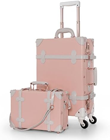 UNIWALKER Small 20" Vintage Luggage Set 2 Pieces Women Train Rolling Trunk (20" & 13", Light pink)