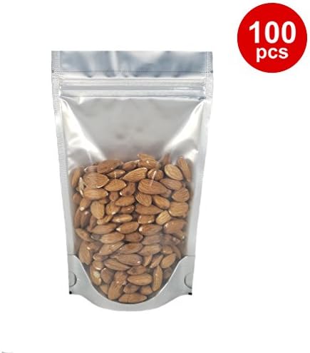 Black/Clear Mylar Stand Up Bags Pouches with Zipper, Notch for Food Storage 6 X 9 X 3.5 inches (8oz) 100 pcs