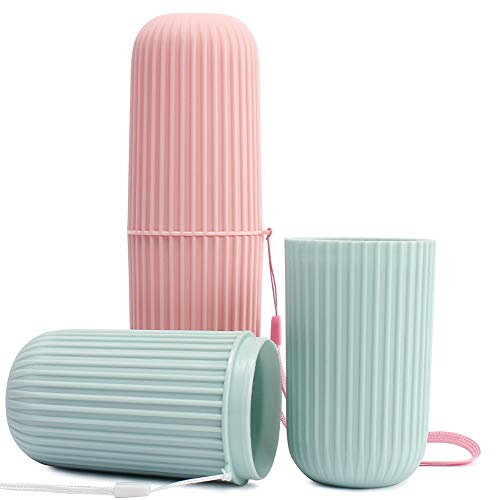 LIHEXING Travel Toothbrush Case,2 Pack Portable Dust-proof Plastic Toothbrush Cup with Toothbrush Case Cover for Trips and Daily Use(Pink+Green)
