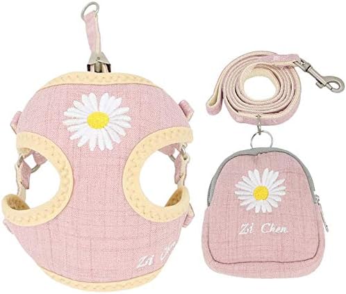 PETCARE Pet Dog Cat Harness and Leash Set with Bags Soft Mesh Cute Pink Daisy Embroidery Dog Vest Harness for Small Medium Dogs Cats