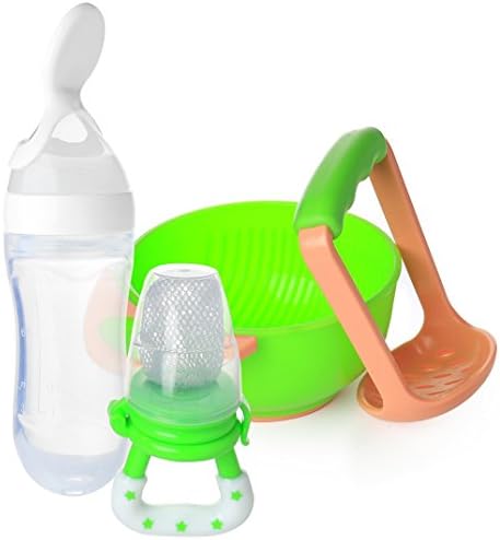 Baby Healthy Food Feeding โ Squeeze Feeding Spoon Dispenser | Feeder Teether Nibbler | PLUS Fresh Food Masher Feeding Bowl by PomPerfect (White)