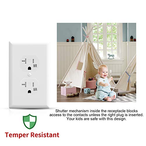 AIDA 20 Amp, 125 Volt, 5-20R, 2 Pole 3 Wire,Tamper Resistant Weather Resistant Residential Grade Self-gounding Duplex Receptacle TR WR White Wall Outlet Side & Back Wire UL Listed 10 Pack White 030661
