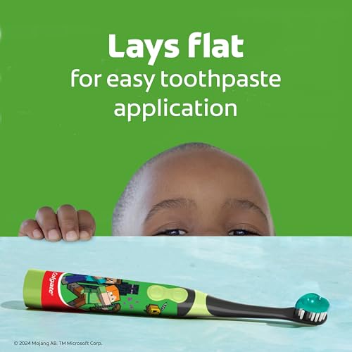COLGATE KIDS BATTERY POWERED MINECRAFT TOOTHBRUSH, EXTRA SOFT KIDS BATTERY TOOTHBRUSH WITH 1 AA BATTERY INCLUDED, MADE FOR AGES 3 AND UP, FEATURES EASY ON AND OFF SWITCH, FLAT LAY HANDLE, 1 COUNT