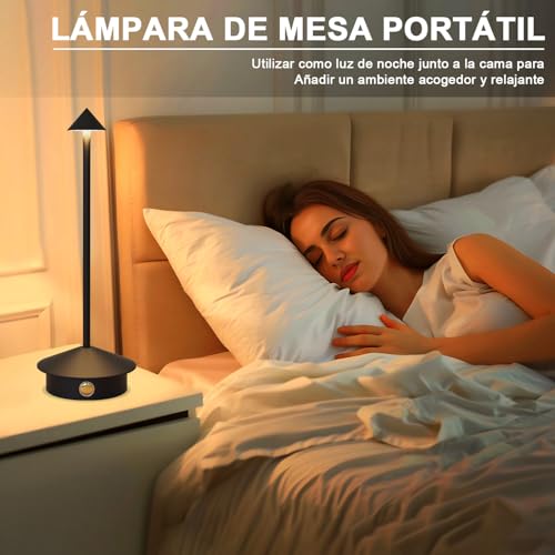 Sunsign Lámparas de Mesa Inalámbricas, Pequeña Lámpara de Escritorio Portátil,3 Temperaturas de Color y Regulable, Lámparas de Mesa para Dormitorio, para Sala de Estar, Restaurante (Negro)