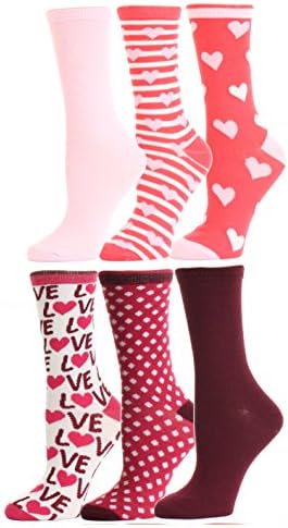 Valentine's Day Soft Crew Socks XOXO Kiss Hug Love Prints, Women's Size 9-11(6 Pairs)