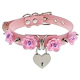 Handmade Cosplay Studded Flowers Leather Heart Lock Choker Collar Cute Kawaii