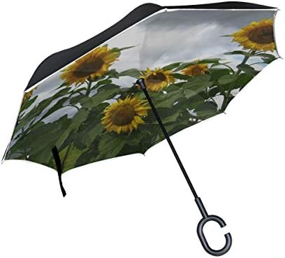 Double Layer Inverted Sunflower Flower Sun Yellow Petal Summer Flowers Umbrellas Reverse Folding Umbrella Windproof Uv Protection Big Straight Umbrella For Car Rain Outdoor With C-shaped Handle