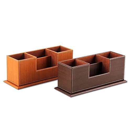 UnionBasic PU Leather 4 Compartment Desk Organizer Card/Pen/Pencil/Mobile Phone Office Supplies Holder Collection Desktop Organizer (Wood Grain Coffee)