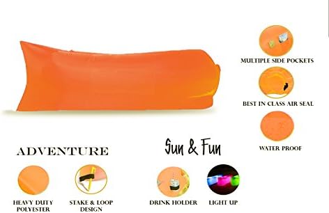 Air Sofa in a Bag, no Pump Easy Inflatable Lounger, with Pockets, 2 Variants: ADVENTURE Extra Long &amp; Heavy Duty + Stake, SUN &amp; FUN Lightweight with Drink Holder + Party LIGHT (Adventure Orange)
