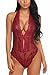 ADOME Women One Piece Lingerie Lace Teddy V Neck Bodysuits Halter Babydoll, Style 1-dark Red, X-Large