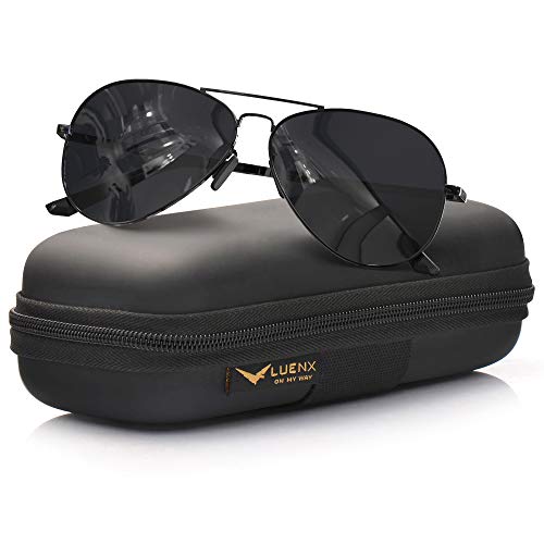 LUENX Aviator Sunglasses for Mens Womens Polarized Black Lens Black Metal Frame 60mm