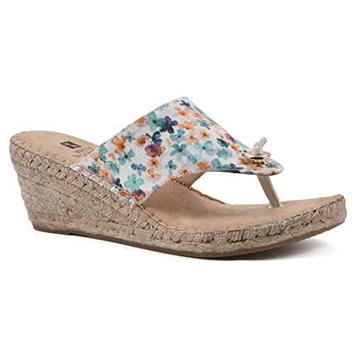 WHITE MOUNTAIN Women’s Beachball Espadrille Wedge Sandal, White/Multi/Floral/Fab, 10 M