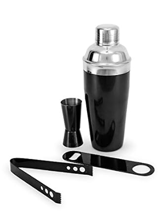 King Internaional 100% Stainless Steel Black coloure All in One Bar Set | Bar Tools | Bar Accesories Set of 4 Pieces in Opener I Tong | Cocktail Shaker | Jigger - Ideal for Party Get together and Giftin