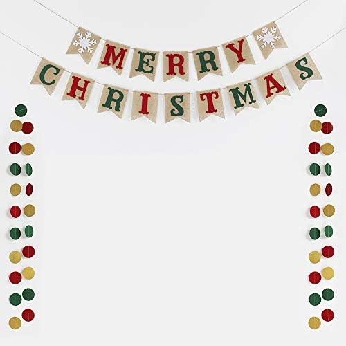 zeman Merry Christmas Burlap Banner with 50pcs Dots Garlands White Snowflake Xmas Santas Party Christmas Home Winter Holiday New Years Decoration