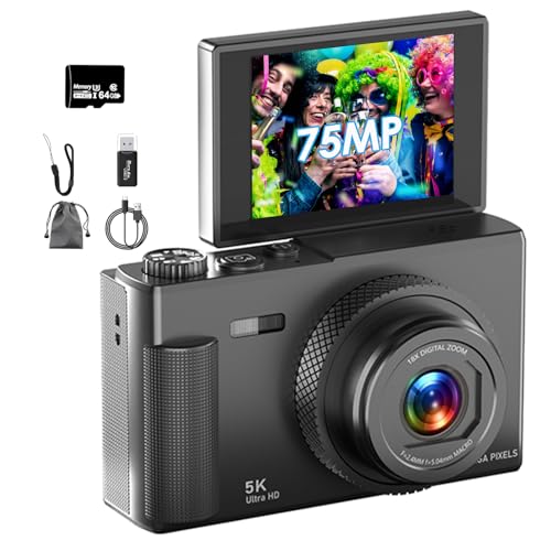 Digital Camera, 5K 75MP UHD Digital Camera with 64GB Micro SD Card, 2.83-inch 180° Rotatable Screen, 18X Zoom, Anti-Shake, Compact Camera for Kids, Adults, Beginners (Black)