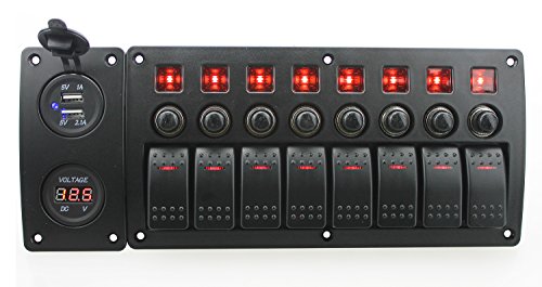 Iztor 8 Gang Waterproof Curved surface Switch Panel with red LED Indicators and 3.1A USB adapter voltmeter for Circuit Breaker with label stickers for Marine Boat Rv truck trailer - Thumbnail 7