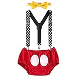 Baby Boys Cake Smash Outfit First 1st 2nd Birthday Christmas Bloomers Diaper Cover + Elastic Y-back Suspenders + Bow Tie 3Pcs Set for Photo Shoot Formal Wedding Party Costume Red+Black 6-12M