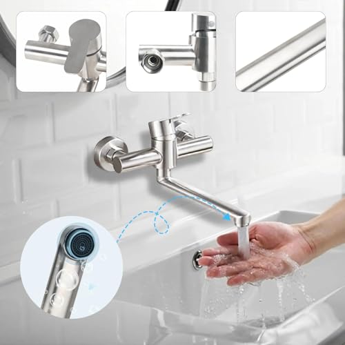Minnhua Wall Mounted Kitchen Tap Wall Mounted Kitchen Tap with Swivel Spout Universal 25 cm Single Lever Sink Mixer Tap Adjust Hot and Cold Water 304 Stainless Steel
