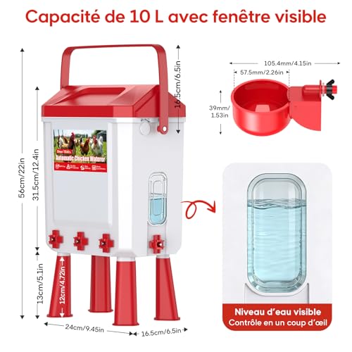 CHAMUTY Automatic Chicken Drinker 10 Litres with 8 Bowls, 8 Nipple Dispensers, Controlled Filtered Float, 1.5 m Stainless Steel Pipe, Automatic Chicken Water Dispenser for Ducks Geese