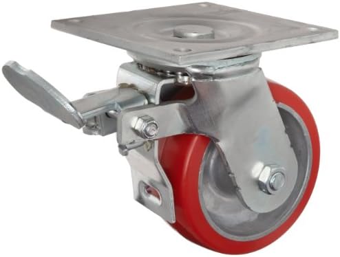 E.R. Wagner Plate Caster, Swivel with Total-Lock Brake, Polyurethane on Aluminum Wheel, Roller Bearing, 1050 lbs Capacity, 5" Wheel Dia, 2" Wheel Width, 6-1/2" Mount Height, 4-1/2" Plate Length, 4" Plate Width