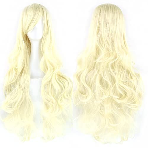 IMISSU 80cm Long Curly Natural Hair Cosplay Wig with Bangs Colorful Halloween Costume Party Wigs for Women (Blonde)