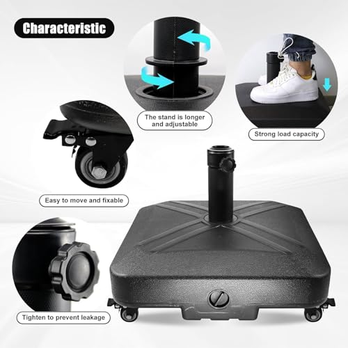 Homodoskey Patio Umbrella Base with Wheels, 125 lbs Capacity Umbrella Stand Base Heavy Duty For Outdoor Patio Deck Poolside Garden Beach, Fillable with Sand or Water, 48 * 48 * 39Cm Black