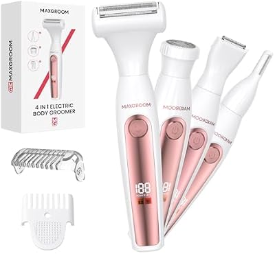Barbear elétrico feminino 4 em 1, aparador corporal feminino de longa duração com USB-C, corta-biquíni impermeável IPX6, ecrã LED sem fios, fácil de limpar