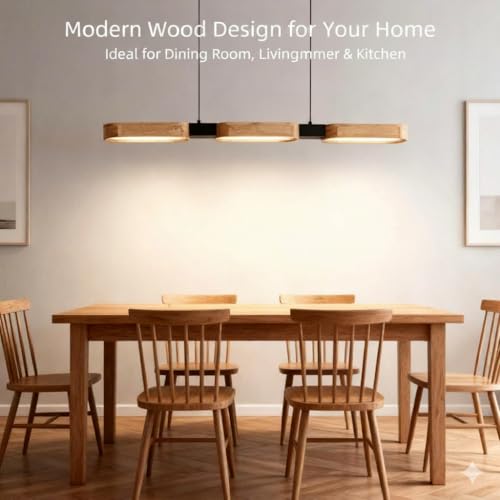 Epochglo Modern Wooden Kitchen Chandelier 90cm LED Lamp for Dining Room and Kitchen Island Dimmable 3000K-6500K with Remote Control and Memory Function