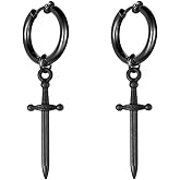 Clip on Dagger Sword Minimalist Dangle Drop Small Hoop Earrings for Men Women Boys Non Pierced Ear 316L Stainless Steel Charms Fake Huggie Hoops Cartilage Hypoallergenic Fashion Personalized Punk Hip Hop Vintage Dangling Gifts Boyfriend Birthday Bff 12mm