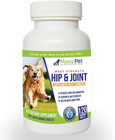 Maxy Pet - Hip and Joint Supplement with Turmeric for Dog Joint Pain Relief. Pet Glucosamine Chondroitin MSM CoQ10 Vitamin C. 120 per bottle